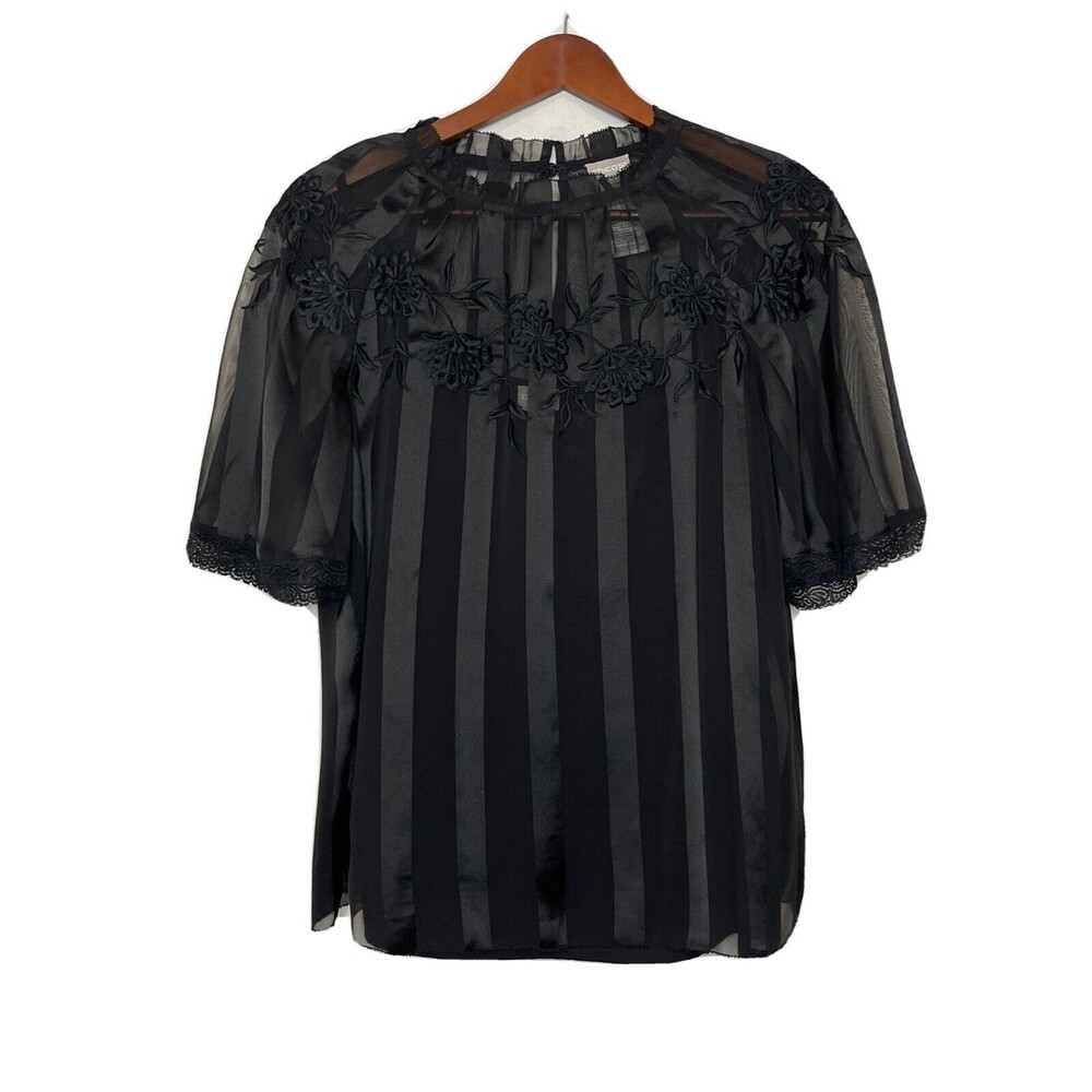 Chicos sz 0/SM Black S/S Blouse mock neck sheer embroidered lace top shirt